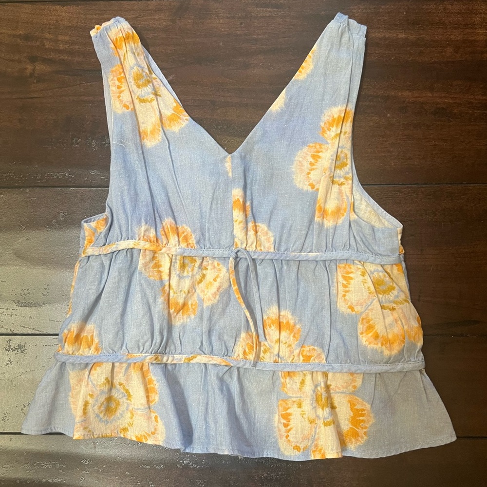 Zara Floral V-Neck Blouse - Blue and Orange